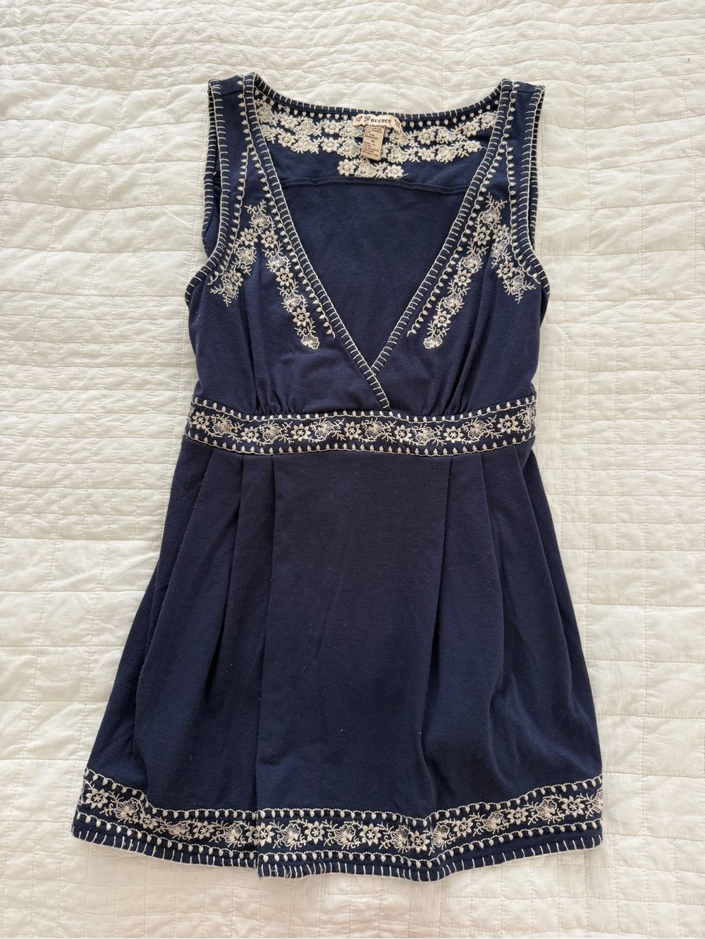 Vintage Forever 21 Navy Babydoll Top with Cream Floral Embroidery